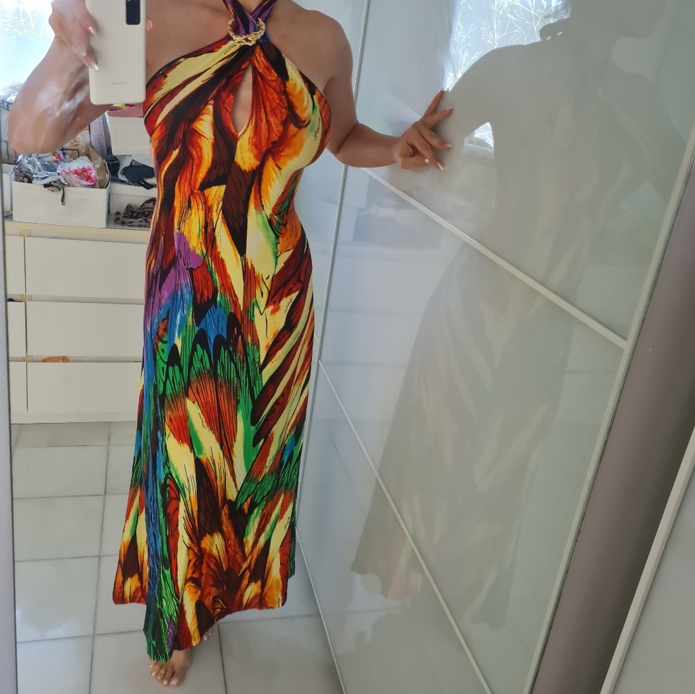SOLD❣️Roberto Cavalli Vibrant Feather Print Snake Multicolor Halter Maxi Dress S